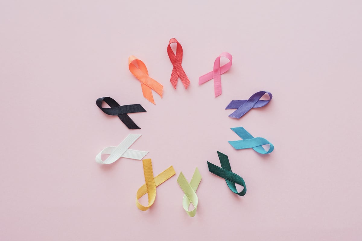 colorful ribbons on pink background, cancer awareness, World cancer day, National cancer survivor day, world autism awareness day